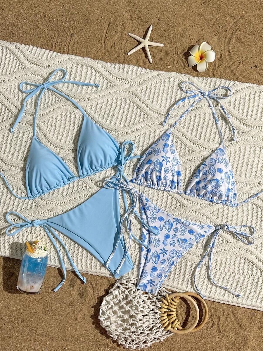 Swim Mod Set Bikini Segitiga Tali Ikat Leher Halter 8 Potong untuk Wanita dari Springbreak, Baju Renang Minimalis Motif Bunga Kecil untuk Liburan Pantai - MultiWarna - View 1
