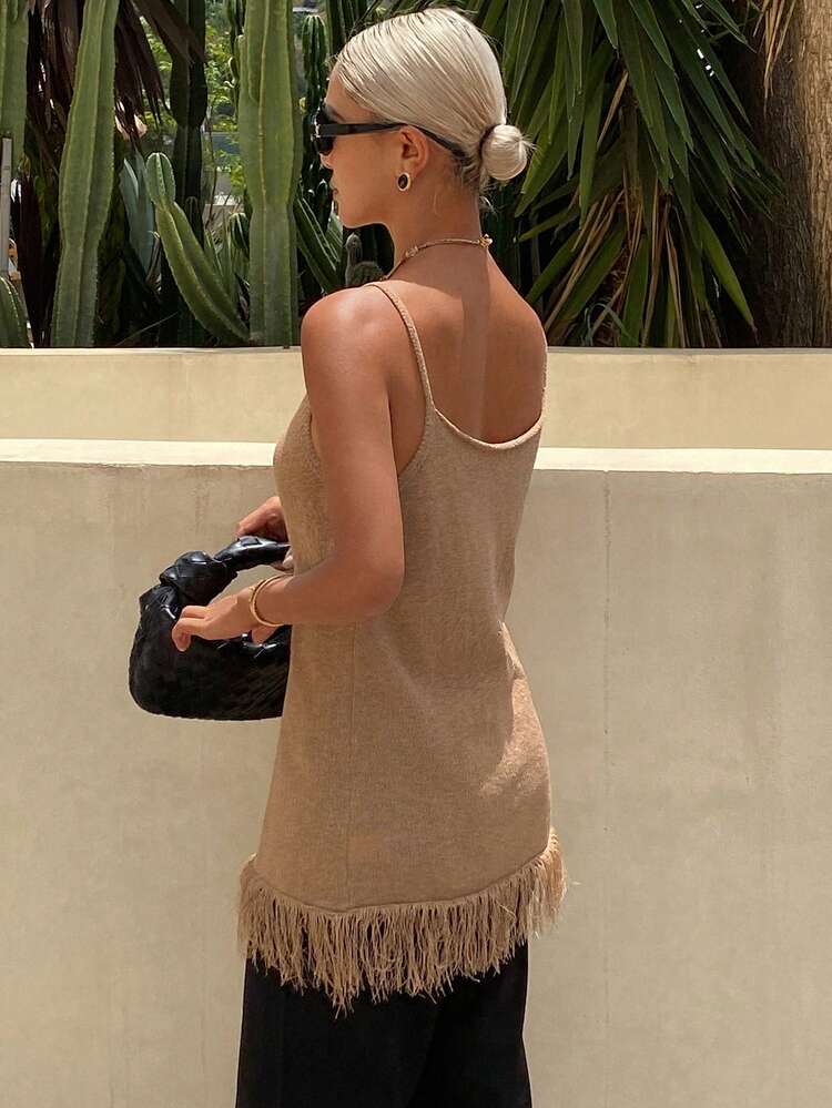 Solid Color Long Tassel Hem Elegant Vacation Vest Jacket For Women