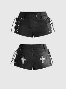 ROMWE Grunge Punk Punk Metal Rivet Lace-Up Design Super Low-Waist Mini Leather Shorts - Black - View 1