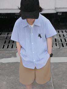 SHEIN Tween Boy Gentleman Style Striped Short Sleeve Shirt And Shorts Set - Khaki - View 1