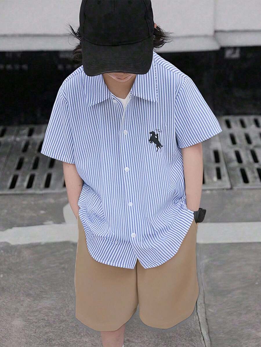 SHEIN Tween Boy Gentleman Style Striped Short Sleeve Shirt And Shorts Set - Khaki - View 1