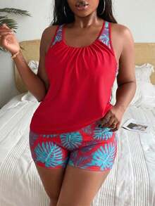 Swim Lushoire Plus Size Women's Patchwork Ruched Tankini Top And Shorts Swimwear Set, Suitable For Summer Vacation Vacation Light Blue - Multicolor - View 6