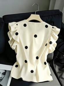 SHEIN Franclia 女士休闲百搭荷叶边喇叭袖白色衬衫，V领套头衫，波点衬衫，波点印花上衣，短袖衬衫，印花背心，夏季度假装 - 杏色 - 查看 2