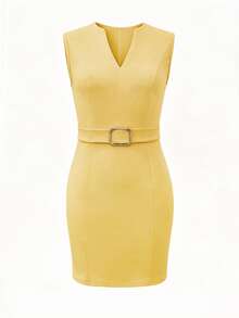 Balvessa V-Neck Sleeveless Metal Buckle Waist Bodycon Mini Dress For Women - Yellow - View 2
