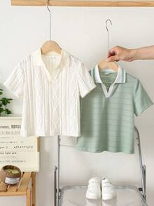 SHEIN 2件套男童可爱休闲夏季条纹短袖polo衫套装，适合生日派对、晚宴、演出、婚礼、洗礼和学校假期等场合。 - 彩色 - 查看 4