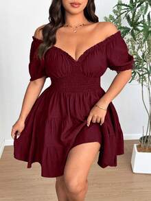 Vionelle Plus Size Elegant V-Neck Puff Sleeve Ruched Chiffon Dress - Burgundy - View 1