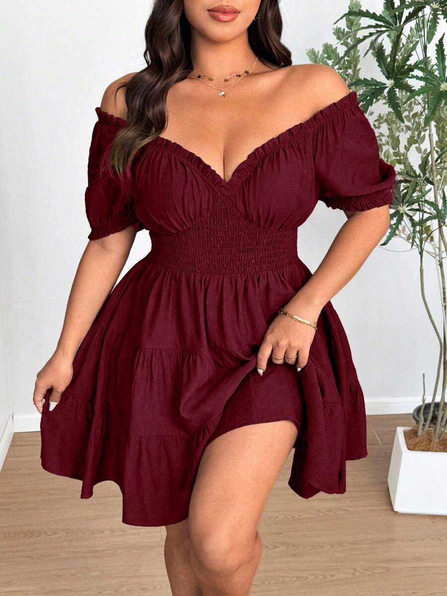 Vionelle Plus Size Elegant V-Neck Puff Sleeve Ruched Chiffon Dress - Burgundy - View 1