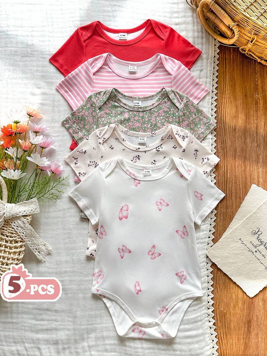 SHEIN Vintaside Kids 5件套女婴柔软舒适圆领纯色连体衣,时尚休闲日常穿着,易于穿脱,适合春夏穿着 - 彩色 - 查看 1