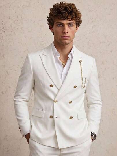 Manfinity CityGents Áo blazer nam màu trắng có túi cài khuy, kiểu dáng thường ngày, phù hợp cho mùa cưới và các buổi tiệc tùng thông thường, trang trọng.