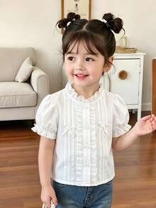 SHEIN Elladie kids 年轻女孩简约优雅荷叶边领蕾丝蝴蝶结装饰衬衫，法式风格派对服饰 - 白色 - 查看 9