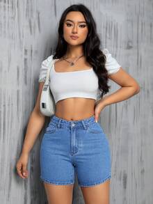 SHEIN ICON 大码夏季休闲斜插口袋修身牛仔短裤 - 中等水洗藍 - 查看 5
