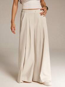 SHEIN Tall Quần/váy lửng xếp ly màu mơ dành cho nữ, kiểu dáng thường ngày, thoải mái, rộng rãi, cơ bản, đa năng, tôn dáng, cạp chun, thích hợp mặc hàng ngày, thích hợp làm quần áo mùa xuân/hè, quần nữ, trang phục mùa hè, quần công sở, kiểu dáng đơn giản, quần culottes ống rộng. - Màu Khaki - Xem 3