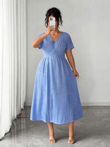 Elenzga Plus Size Elegant Casual V-Neck Ruched Design Short Sleeve Jacquard Knit Dress For Women - Blue - View 6