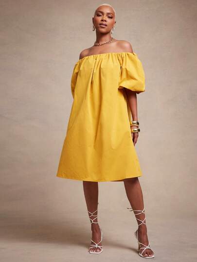 Vixey Solid Woven Off Shoulder Volume Petal Sleeve Short Bubu Dress With Pockets