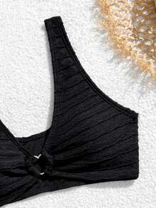 Teen Girl Ring Linked Bikini Set Summer Beach Summer Holiday - Black - View 3