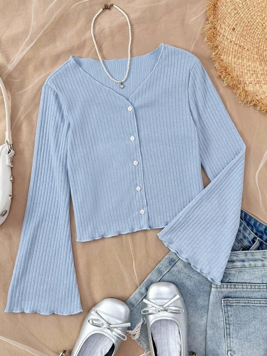 Tween Girls Casual Everyday Knit Collar Ruffle Trim Blue Fitted Cardigan With Flare Sleeves - Blue - View 1