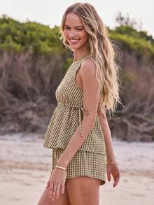 Aralina Women 2pcs Summer Yarn Dyed Stripe Ruffle Detail Top And Short Two Pieces Set Cute Going Out Holiday Outfit Y2K Stockholm Style - Khaki - View 8