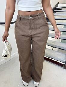 Alexandranx Jean en denim minimaliste de couleur unie pour femme, usage quotidien, décontracté - Marron - Voir 6