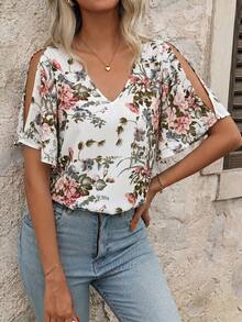 SHEIN Clasi Women's V-Neck Floral Print Ruffle Sleeve Split Hem Blouse,Summer Top Vacation White Floral Elegant - White - View 3