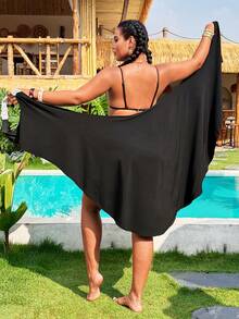 Swim Lushoire 2026 New Lace Floral Spaghetti Strap V-Neck Bodycon Black Dress, Plus Size Cover-Up For Summer Beach Vacation Holiday,Parties&Dates Minimalist - Black - View 4