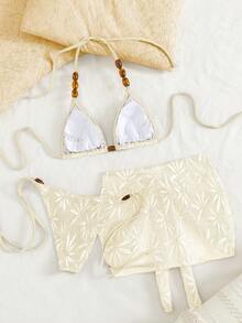 Swim Vcay 3pcs/Set Sexy Beaded Halter Backless Bikini Set With Drawstring Triangle Top And Tie-Up Mini Skirt, Summer Vacation - Apricot - View 2