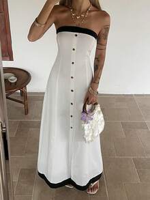 Livesso Vestido de verano elegante con botones delanteros y bandeau - Blanco y Negro - Ver 6
