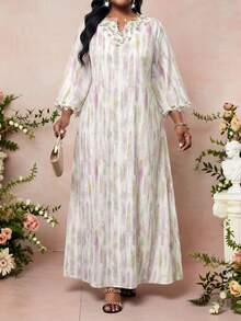 SHEIN Lady Women's Plus Size White Olive Green V-Neck Long Sleeve Elegant Bohemian Dress,Autumn Vacation Resort Wear,Beach Holiday Tea Party Graduation Outfit - Pink - View 1