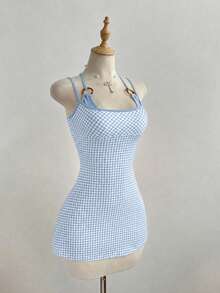 Flirla Gaun Mini 2 In 1 Motif Kotak-kotak Polos Minimalis untuk Wanita - Baby Blue - View 5
