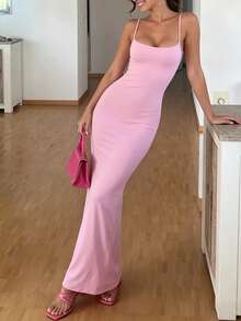 INAWLY Solva Women's Solid Color Sweet Fitted Fishtail Hem Camisole Dress - Pink - View 7