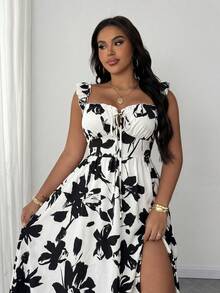 Maweii Plus Size Summer Floral Print Dress With Ruffle Hem And Side Slit Vacation White Elegant - Multicolor - View 3