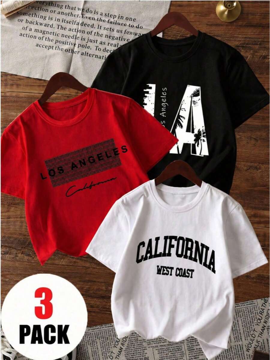 3 piezas/Paquete Camisetas de manga corta de cuello redondo con estampado six seven urbano casual para niño apropiado para primavera y verano - Rojo - Ver 1