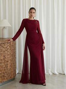 Modelyn Vestido de noche de manga larga de alta gama, vestido formal elegante para fiestas, elegante y lujoso estilo de señora para festival de música primavera/verano, vestido de invitada de boda - Burdeos - Ver 4