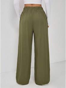 SHEIN EZwear 优雅休闲金属双扣直筒办公裤，大码，秋冬款 - 綠色 - 查看 2