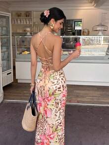 Firerie Women's Black And White Leopard Print Summer Boho Tropical Vacation Holiday Floral Draped Neck Criss-Cross Backless Maxi Dress,Mesh Elastic Fabric - Multicolor - View 9