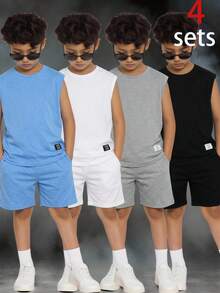 SHEIN Bộ 4 áo thun dệt kim không tay cổ tròn màu trơn, phong cách đường phố, in chữ, dành cho trẻ em/bé trai, 4 màu, thích hợp cho đi làm, đi học, mặc thường ngày, chơi thể thao, mùa xuân/hè, đi nghỉ mát. - Nhiều màu - Xem 2