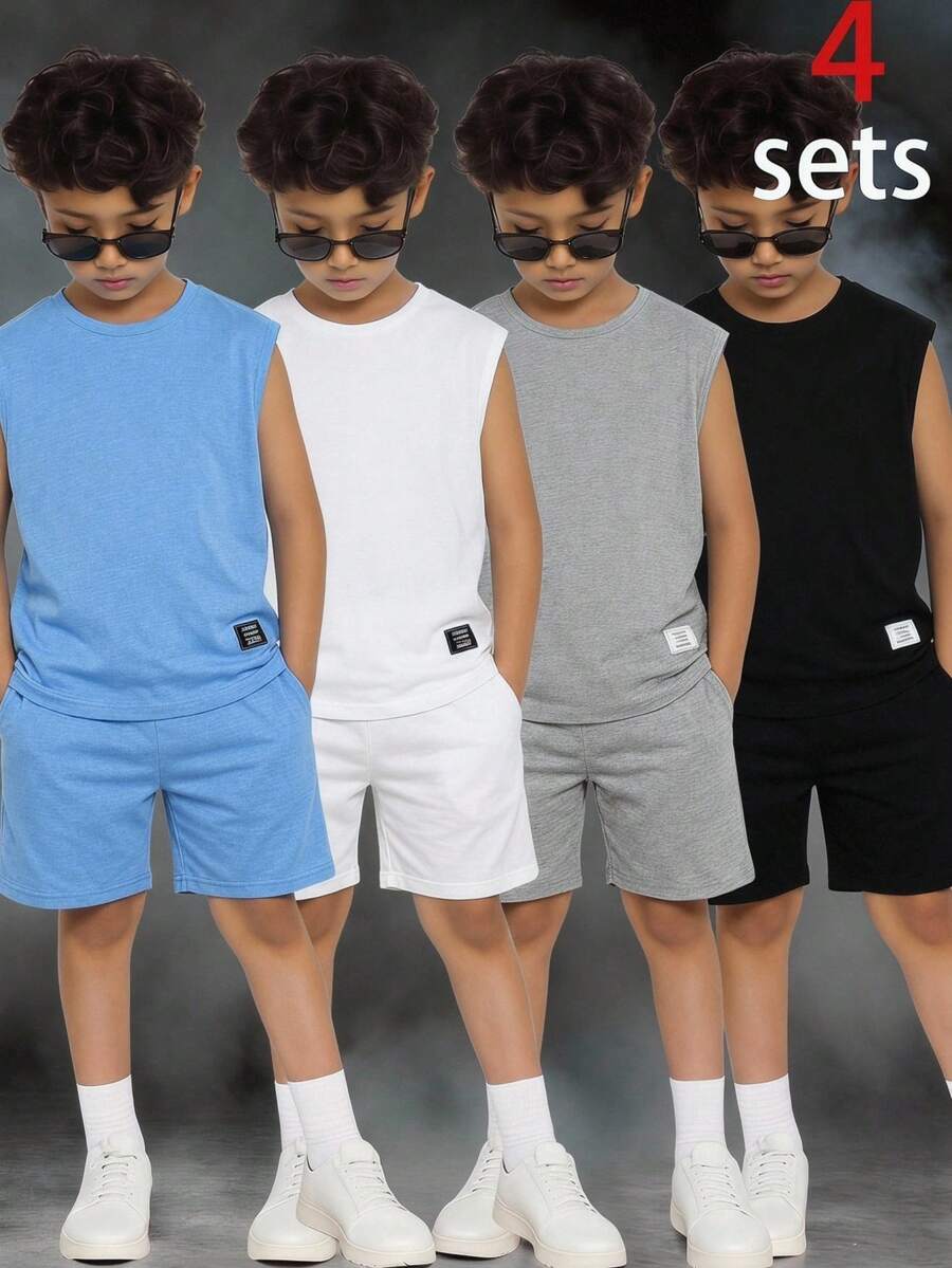 SHEIN Bộ 4 áo thun dệt kim không tay cổ tròn màu trơn, phong cách đường phố, in chữ, dành cho trẻ em/bé trai, 4 màu, thích hợp cho đi làm, đi học, mặc thường ngày, chơi thể thao, mùa xuân/hè, đi nghỉ mát.