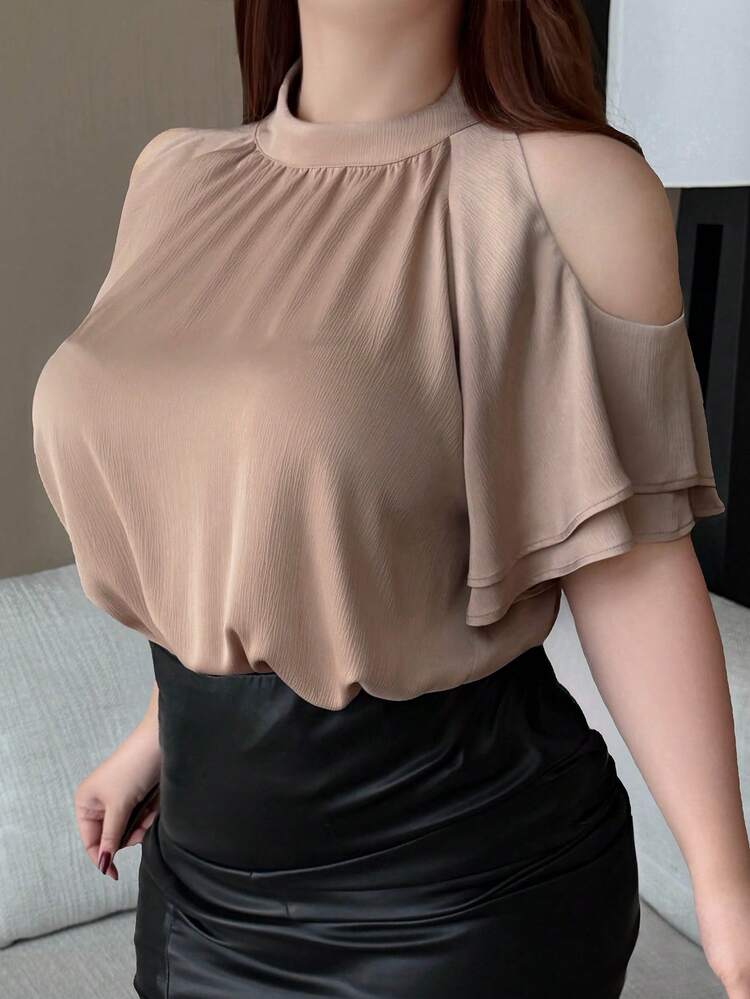 Dazy Plus Plus Size Women's Loose Fit Solid Color Chiffon Ruffle Collar Drop Shoulder Elegant Casual Blouse, Spring/Summer