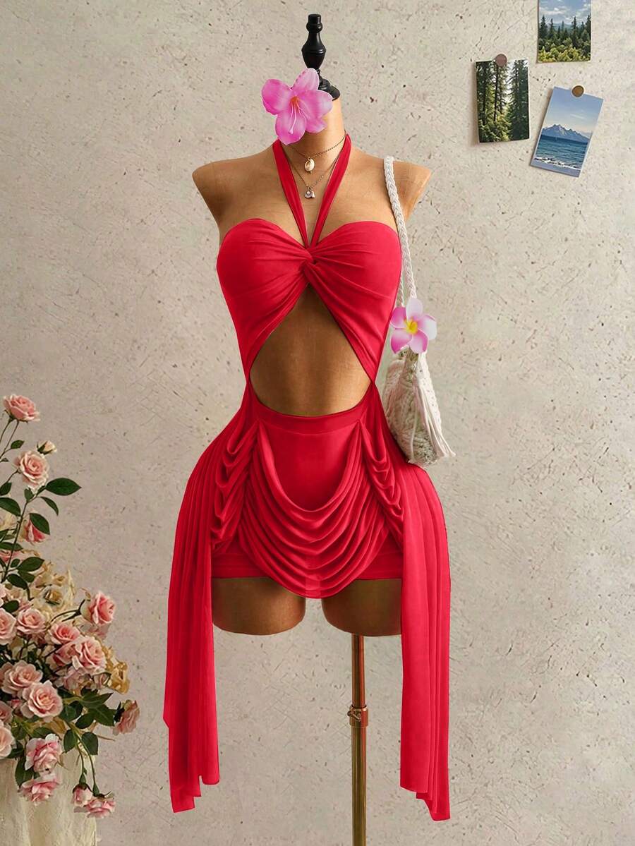 Mistrie 女士新款性感露肩吊带连衣裙,Y2K复古风,甜辣混搭,薄纱面料,露肩设计,吊带款式,性感镂空设计,透明雪纺面料,度假风,2026时尚,| 服装,不对称流苏设计,适合海滩度假穿着 - 紅色 - 查看 1