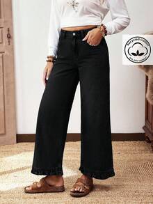 EMERY ROSE Plus Size Women Street Casual Comfortable Mid-Blue Non-Stretch Ruffle Hem Straight Leg Jeans - Black - View 4