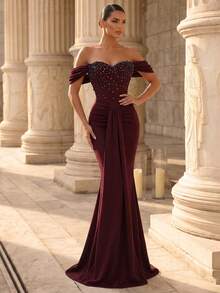 Glamrae Petite Robe de soirée élégante pour femmes avec décolleté épaules dénudées, décoration de strass, taille froncée et queue de poisson - Rouge foncé - Voir 6