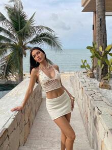 Aloruh 米色夏季時尚性感海灘度假女款波西米亞露背細肩帶上衣珍珠貝殼海星裝飾緊身迷你裙 2件式鉤編套裝 - 杏色 - 查看 6