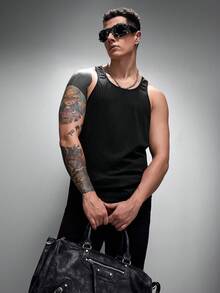 Zorclune Men Solid Ribbed Knit Tank Top - Black - View 3