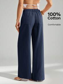 SHEIN Tall Quần ống đứng cạp thấp, chất liệu 100% cotton đã qua xử lý giặt. - Màu xanh hải quân - Xem 2