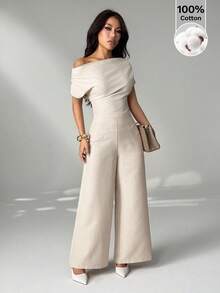 SHEIN PETITE Bộ đồ nữ mùa hè mới về, kiểu dáng đơn giản, thanh lịch, thường ngày, chất liệu vải lanh, gồm áo sơ mi cổ rộng, trễ vai và quần ống rộng. - Màu be - Xem 7
