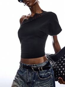LYSMO 2026 New Arrive Minimalism Spring/Summer Women's Fashion Lace Patchwork Asymmetrical Shoulder Cropped Top - Black - View 5