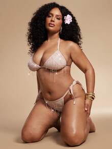 SHEIN BAE Quần bikini lưới đính sequin phong cách nghỉ mát mùa hè trên bãi biển. - Hồng - Xem 6