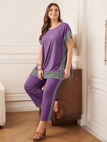 Rosumi Plus Size Striped Patchwork T-Shirt + Pants, White 2 Pieces Set Lounge Vacation Summer - Purple - View 5