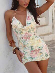 Firerie Women's Elegant Sexy Delicate Romantic Vacation Party Music Festival Date Green Backless Floral Print Bodycon Mini Dress With Metal Decor,Dresses For Women Summer - Apricot - View 13