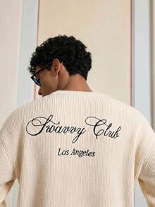 SWAVVY Men's Casual Embroidered Drop Shoulder Long Sleeve Sweater - Beige - View 6