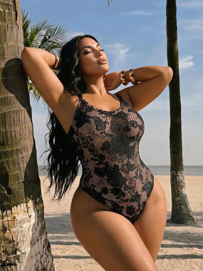 Swim SXY Costume da bagno intero taglia comoda, colore unito, trasparente e sexy, con schiena scoperta